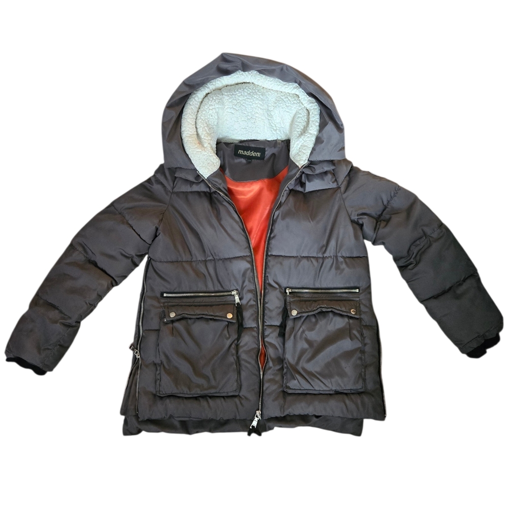 Madden Hooded Puffer Jacket in Dark Grey with Sherpa Lining